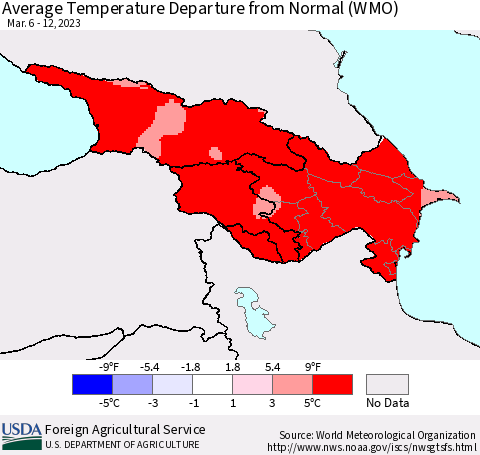 Azerbaijan, Armenia and Georgia Average Temperature Departure from Normal (WMO) Thematic Map For 3/6/2023 - 3/12/2023