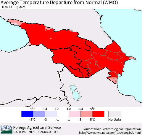 Azerbaijan, Armenia and Georgia Average Temperature Departure from Normal (WMO) Thematic Map For 3/13/2023 - 3/19/2023