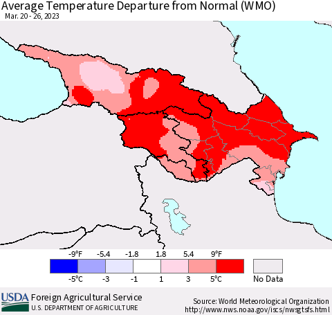 Azerbaijan, Armenia and Georgia Average Temperature Departure from Normal (WMO) Thematic Map For 3/20/2023 - 3/26/2023