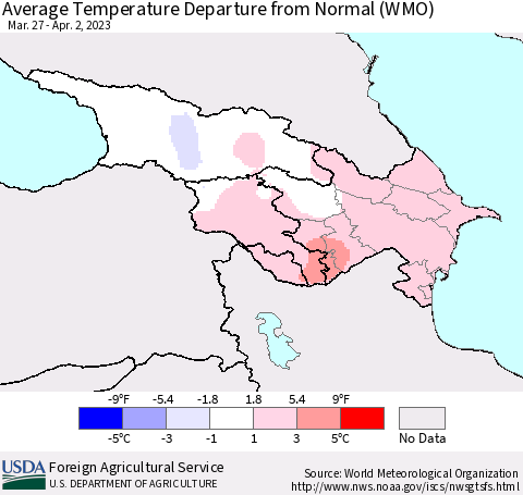 Azerbaijan, Armenia and Georgia Average Temperature Departure from Normal (WMO) Thematic Map For 3/27/2023 - 4/2/2023