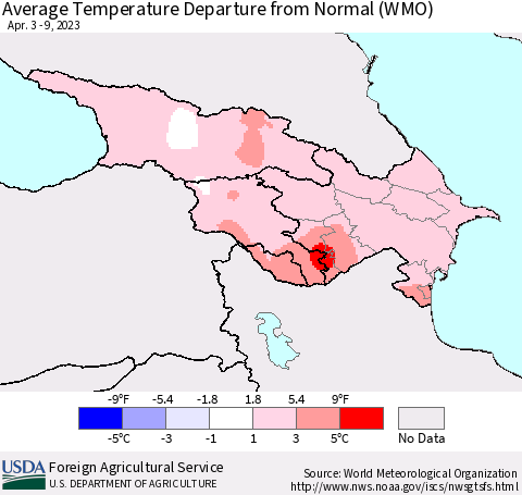 Azerbaijan, Armenia and Georgia Average Temperature Departure from Normal (WMO) Thematic Map For 4/3/2023 - 4/9/2023