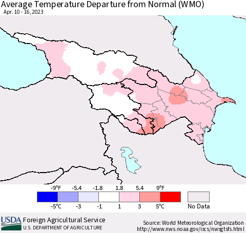 Azerbaijan, Armenia and Georgia Average Temperature Departure from Normal (WMO) Thematic Map For 4/10/2023 - 4/16/2023