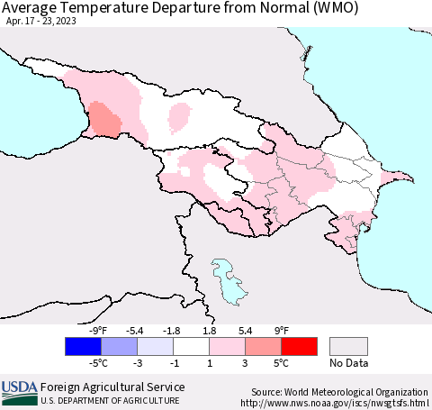 Azerbaijan, Armenia and Georgia Average Temperature Departure from Normal (WMO) Thematic Map For 4/17/2023 - 4/23/2023