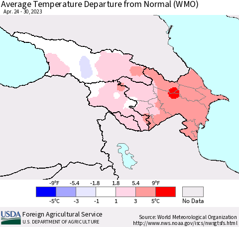 Azerbaijan, Armenia and Georgia Average Temperature Departure from Normal (WMO) Thematic Map For 4/24/2023 - 4/30/2023