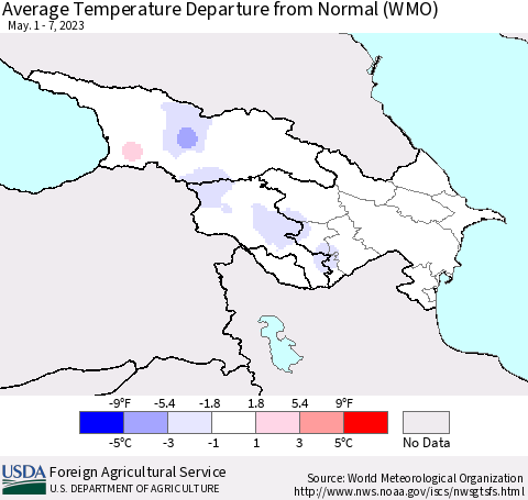 Azerbaijan, Armenia and Georgia Average Temperature Departure from Normal (WMO) Thematic Map For 5/1/2023 - 5/7/2023