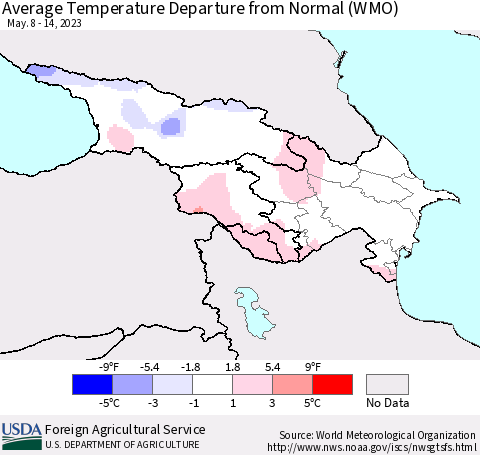 Azerbaijan, Armenia and Georgia Average Temperature Departure from Normal (WMO) Thematic Map For 5/8/2023 - 5/14/2023