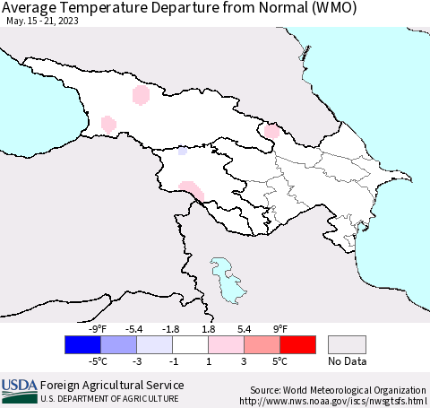 Azerbaijan, Armenia and Georgia Average Temperature Departure from Normal (WMO) Thematic Map For 5/15/2023 - 5/21/2023