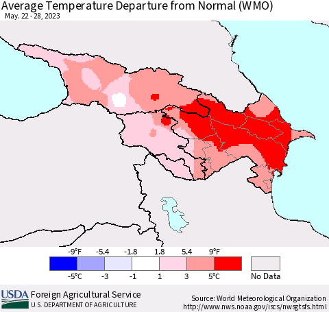 Azerbaijan, Armenia and Georgia Average Temperature Departure from Normal (WMO) Thematic Map For 5/22/2023 - 5/28/2023