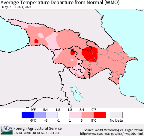 Azerbaijan, Armenia and Georgia Average Temperature Departure from Normal (WMO) Thematic Map For 5/29/2023 - 6/4/2023