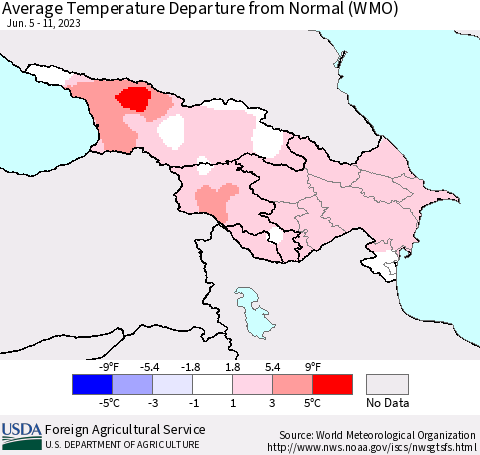Azerbaijan, Armenia and Georgia Average Temperature Departure from Normal (WMO) Thematic Map For 6/5/2023 - 6/11/2023