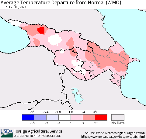 Azerbaijan, Armenia and Georgia Average Temperature Departure from Normal (WMO) Thematic Map For 6/12/2023 - 6/18/2023