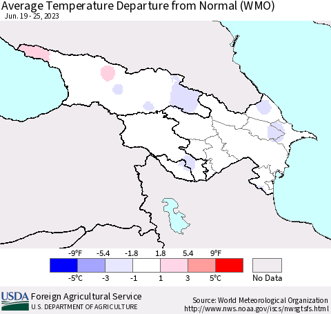 Azerbaijan, Armenia and Georgia Average Temperature Departure from Normal (WMO) Thematic Map For 6/19/2023 - 6/25/2023