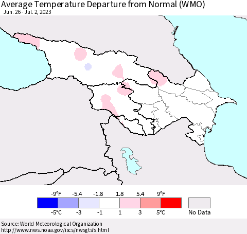 Azerbaijan, Armenia and Georgia Average Temperature Departure from Normal (WMO) Thematic Map For 6/26/2023 - 7/2/2023