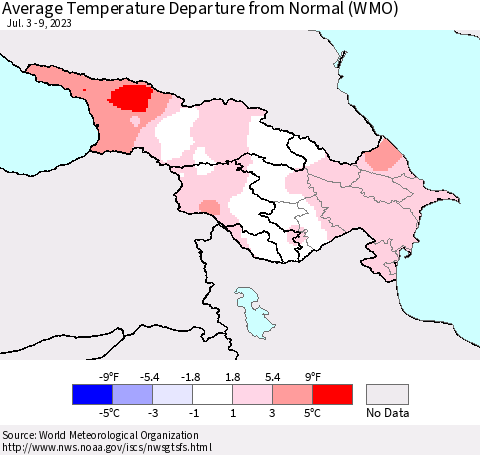 Azerbaijan, Armenia and Georgia Average Temperature Departure from Normal (WMO) Thematic Map For 7/3/2023 - 7/9/2023