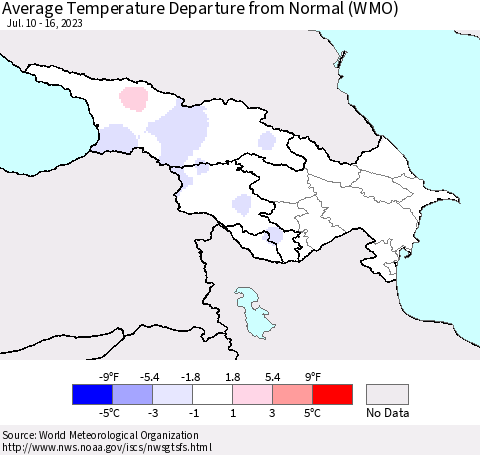 Azerbaijan, Armenia and Georgia Average Temperature Departure from Normal (WMO) Thematic Map For 7/10/2023 - 7/16/2023