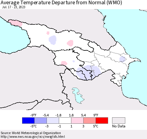 Azerbaijan, Armenia and Georgia Average Temperature Departure from Normal (WMO) Thematic Map For 7/17/2023 - 7/23/2023