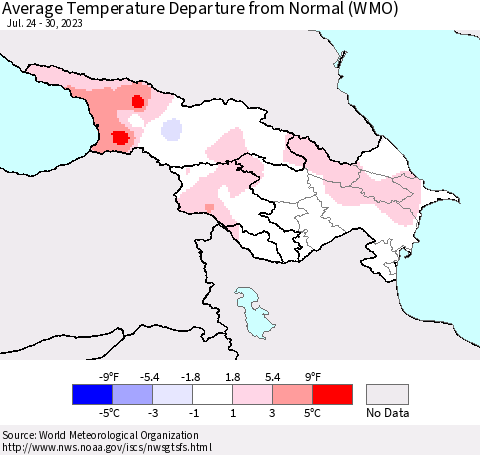 Azerbaijan, Armenia and Georgia Average Temperature Departure from Normal (WMO) Thematic Map For 7/24/2023 - 7/30/2023