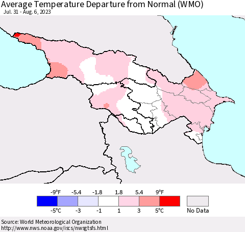 Azerbaijan, Armenia and Georgia Average Temperature Departure from Normal (WMO) Thematic Map For 7/31/2023 - 8/6/2023