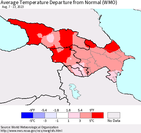 Azerbaijan, Armenia and Georgia Average Temperature Departure from Normal (WMO) Thematic Map For 8/7/2023 - 8/13/2023