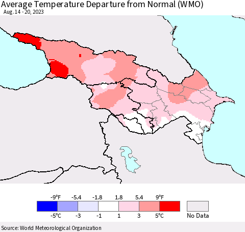 Azerbaijan, Armenia and Georgia Average Temperature Departure from Normal (WMO) Thematic Map For 8/14/2023 - 8/20/2023