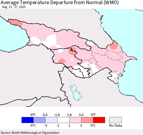 Azerbaijan, Armenia and Georgia Average Temperature Departure from Normal (WMO) Thematic Map For 8/21/2023 - 8/27/2023