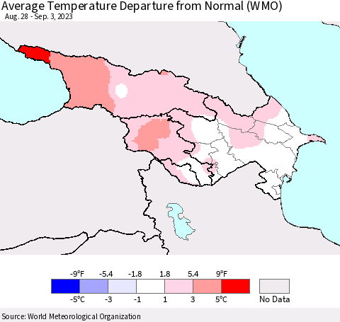 Azerbaijan, Armenia and Georgia Average Temperature Departure from Normal (WMO) Thematic Map For 8/28/2023 - 9/3/2023