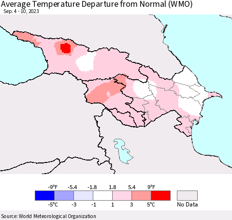 Azerbaijan, Armenia and Georgia Average Temperature Departure from Normal (WMO) Thematic Map For 9/4/2023 - 9/10/2023