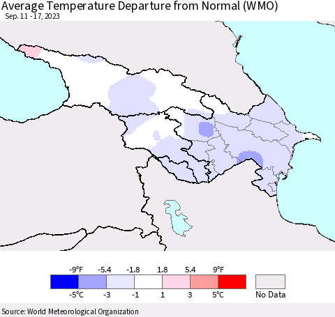 Azerbaijan, Armenia and Georgia Average Temperature Departure from Normal (WMO) Thematic Map For 9/11/2023 - 9/17/2023