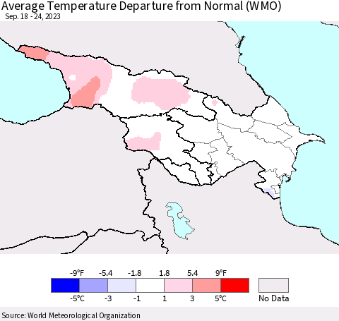Azerbaijan, Armenia and Georgia Average Temperature Departure from Normal (WMO) Thematic Map For 9/18/2023 - 9/24/2023