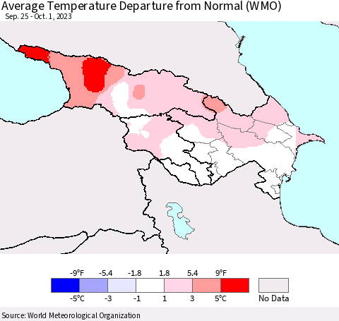 Azerbaijan, Armenia and Georgia Average Temperature Departure from Normal (WMO) Thematic Map For 9/25/2023 - 10/1/2023