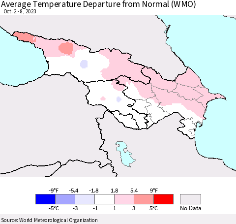 Azerbaijan, Armenia and Georgia Average Temperature Departure from Normal (WMO) Thematic Map For 10/2/2023 - 10/8/2023