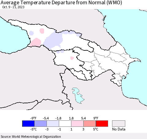 Azerbaijan, Armenia and Georgia Average Temperature Departure from Normal (WMO) Thematic Map For 10/9/2023 - 10/15/2023