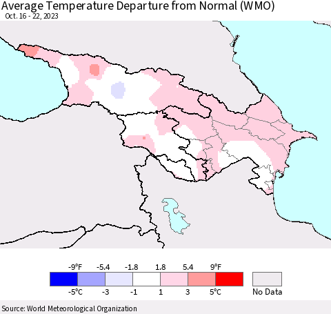 Azerbaijan, Armenia and Georgia Average Temperature Departure from Normal (WMO) Thematic Map For 10/16/2023 - 10/22/2023