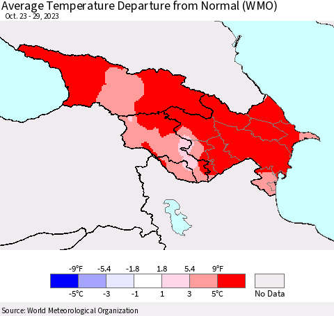 Azerbaijan, Armenia and Georgia Average Temperature Departure from Normal (WMO) Thematic Map For 10/23/2023 - 10/29/2023