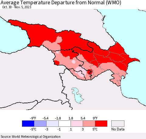 Azerbaijan, Armenia and Georgia Average Temperature Departure from Normal (WMO) Thematic Map For 10/30/2023 - 11/5/2023