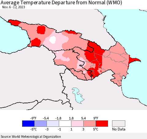 Azerbaijan, Armenia and Georgia Average Temperature Departure from Normal (WMO) Thematic Map For 11/6/2023 - 11/12/2023