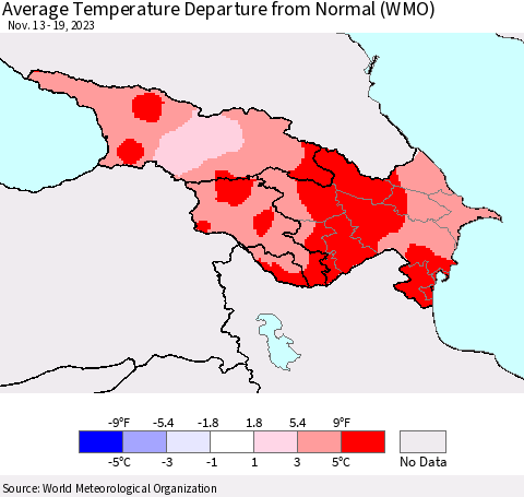 Azerbaijan, Armenia and Georgia Average Temperature Departure from Normal (WMO) Thematic Map For 11/13/2023 - 11/19/2023