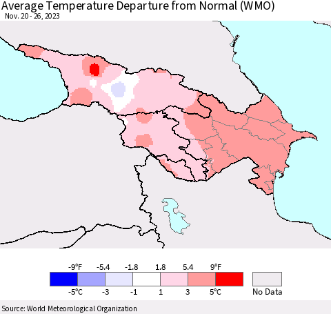 Azerbaijan, Armenia and Georgia Average Temperature Departure from Normal (WMO) Thematic Map For 11/20/2023 - 11/26/2023