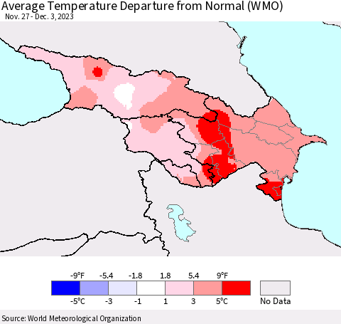 Azerbaijan, Armenia and Georgia Average Temperature Departure from Normal (WMO) Thematic Map For 11/27/2023 - 12/3/2023