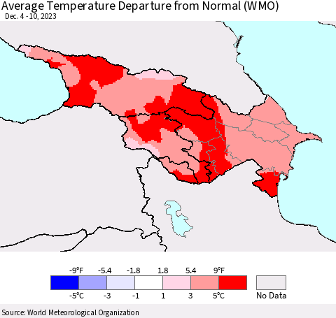 Azerbaijan, Armenia and Georgia Average Temperature Departure from Normal (WMO) Thematic Map For 12/4/2023 - 12/10/2023