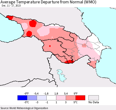 Azerbaijan, Armenia and Georgia Average Temperature Departure from Normal (WMO) Thematic Map For 12/11/2023 - 12/17/2023