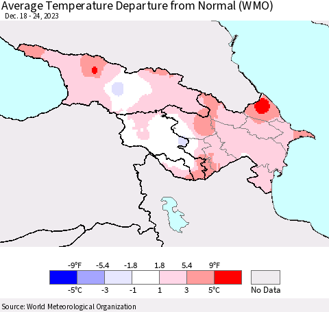 Azerbaijan, Armenia and Georgia Average Temperature Departure from Normal (WMO) Thematic Map For 12/18/2023 - 12/24/2023