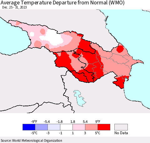 Azerbaijan, Armenia and Georgia Average Temperature Departure from Normal (WMO) Thematic Map For 12/25/2023 - 12/31/2023