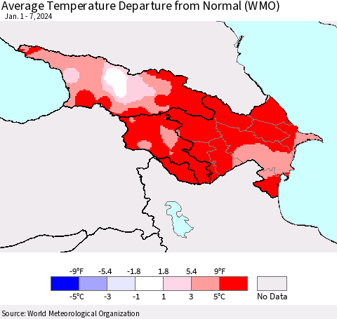 Azerbaijan, Armenia and Georgia Average Temperature Departure from Normal (WMO) Thematic Map For 1/1/2024 - 1/7/2024