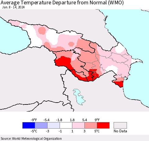 Azerbaijan, Armenia and Georgia Average Temperature Departure from Normal (WMO) Thematic Map For 1/8/2024 - 1/14/2024