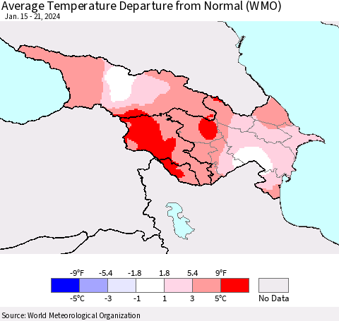 Azerbaijan, Armenia and Georgia Average Temperature Departure from Normal (WMO) Thematic Map For 1/15/2024 - 1/21/2024
