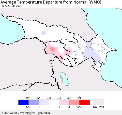 Azerbaijan, Armenia and Georgia Average Temperature Departure from Normal (WMO) Thematic Map For 1/22/2024 - 1/28/2024