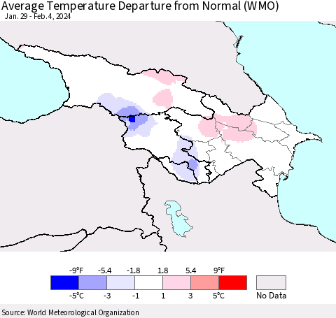 Azerbaijan, Armenia and Georgia Average Temperature Departure from Normal (WMO) Thematic Map For 1/29/2024 - 2/4/2024