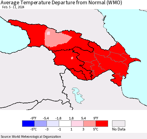 Azerbaijan, Armenia and Georgia Average Temperature Departure from Normal (WMO) Thematic Map For 2/5/2024 - 2/11/2024
