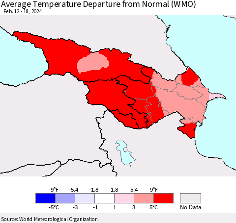 Azerbaijan, Armenia and Georgia Average Temperature Departure from Normal (WMO) Thematic Map For 2/12/2024 - 2/18/2024